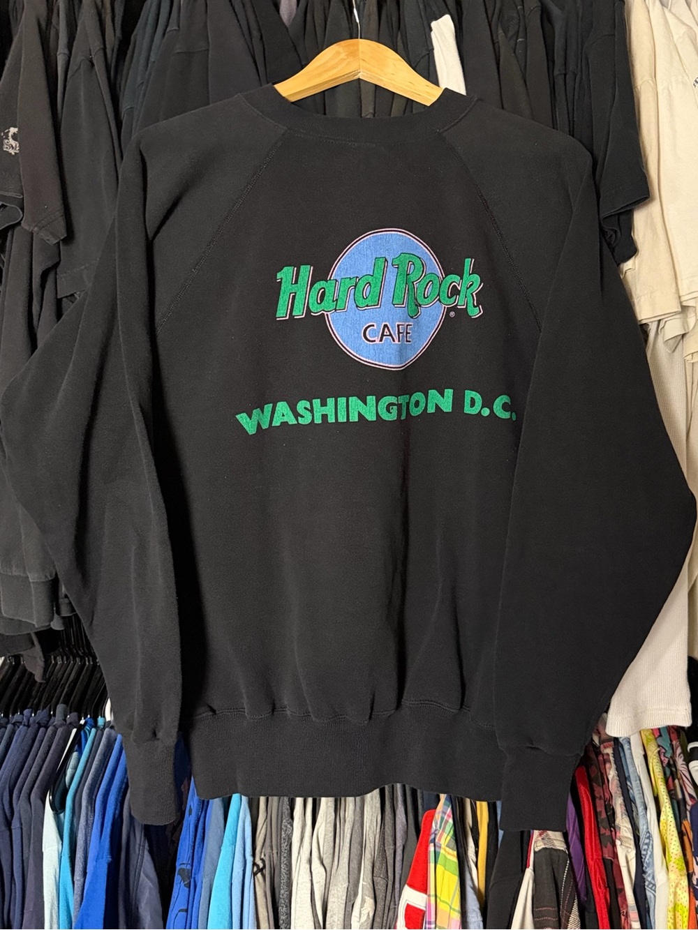 Vintage 80s Hard Rock Cafe Washington D.C. Crewneck Sweater Mens Large Black USA